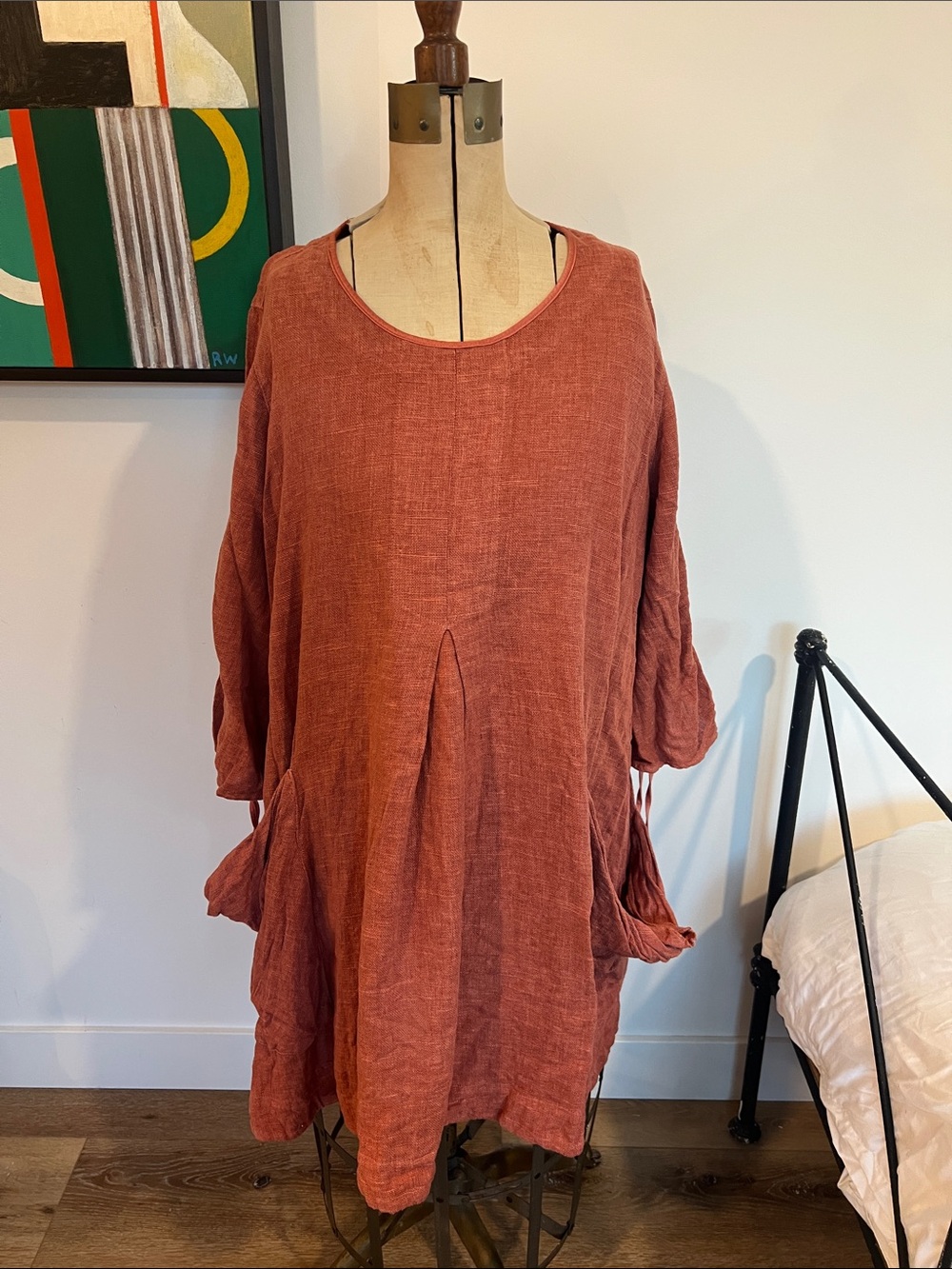 Rust Linen Tunic with Tie Sleeves big pockets linen viscose. Sz XL
